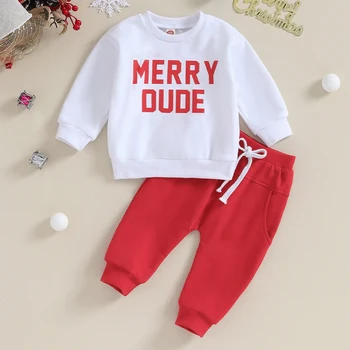Kisfiú karácsonyi ruha Csecsemő baba jelmez levél nyomtatás Hosszú ujjú pulóverek Felsők nadrág ruhák