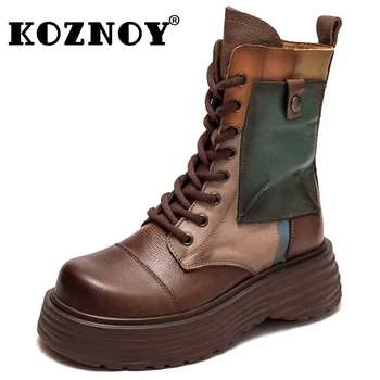 Koznoy Bokacsizma 6cm Valódi bőr mokaszinok Ősz tavasz vegyes színű divat ék Csizma Etnikai nők ZIP Platform cipő