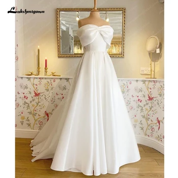 Lakshmigown Bow vállon kívüli esküvői ruhák Vestidos de Nova A-Line egyszerű menyasszonyi ruhák Sweep Train nőknek 2024