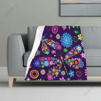 Lila stilizált szitakötők és virágok takarót dobnak ágyra kanapé kanapé utazó puha és meleg takaró
