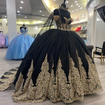 Lorencia fekete quinceanera ruha arany rátétes csipkegyöngyök fokgömb ruhával hercegnő köntös De Soirée Vestidos de 15 Ano YQD316