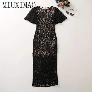 MIUXIMAO 2023 Kiváló minőségű tavaszi-nyári elegáns ruha rövid ujjú O-nyakú csipke Solid Fashion hosszú ruha női Vestide