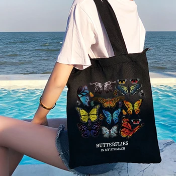 New Ins Retro stílusú színes pillangó nyomtatás Harajuku vászon táska Környezetvédelem Hölgyek nincs cipzáras válltáskák