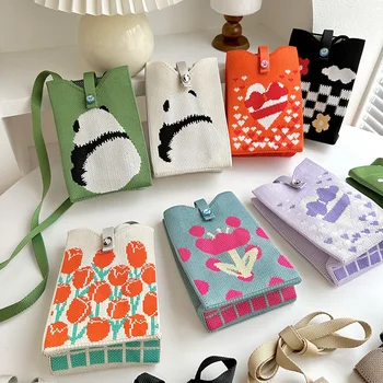 Niche Design Aranyos Panda Mini kötött mobiltelefon táska Női All-in-one hordozható kötött kereszttáska Kis négyzet alakú táska