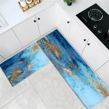 Nordic Absztrakt tájkép Kék konyhaszőnyeg szett csúszásmentes Mosható hálószobai futószőnyeg dekorációs szoba Flanel fürdőszobaszőnyeg lábtörlő