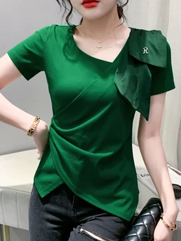 Nyár Szabálytalan Európai ruhák Alkalmi póló Szexi V nyak hasított Elegáns női felsők Rövid ujjú pólók