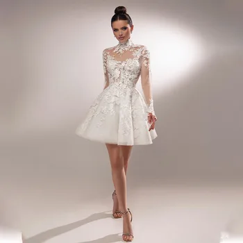 Népszerű magas nyakú teljes ujjú csipke rátétes rövid esküvői ruhák egyedi készítésű 2025-ös menyasszonyi nevelésű Rode de Morrie