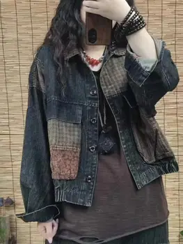 Nő Ősz Szomorú hosszú ujjú farmerdzseki Irodalmi egyszerűség Vintage Laza Cardigan Lehajtható gallér Streetwear kabát