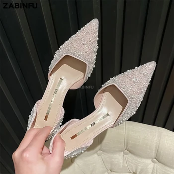Női alacsony sarkú cipők 2023 Luxus női cipők gyöngyökkel szegezve strassz szexi esküvői cipő Menyasszony elegáns slip On Party báli cipő