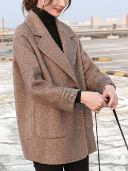 Női dzseki divat halszálkás mintás női kabát Téli egyszerűség Egyszínű kabát nőknek Koreai változat gyapjúkabát