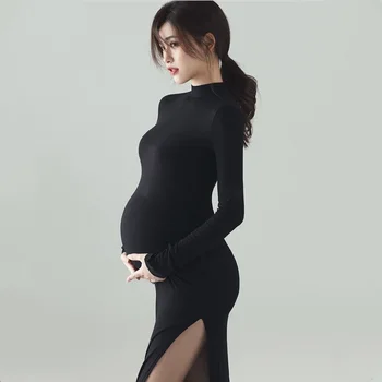 Női fekete kismama szexi kötött ruhák fotózáshoz Fotózás kellékek Terhes nők fotózási ruha hosszú ujjú
