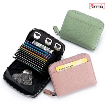 Női RFID blokkoló hitelkártya pénztárca minimalista valódi bőr cipzáras kis érme pénztárca orgona kártyatartó 3 kulcsnyílással