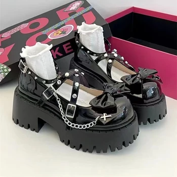 Nők Mary Jane cipők Lolita egyszínű tavasz 2024 Hot Sale divat pillangócsomó a szabadban vastag, csúszásmentes női cipővel