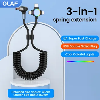 Olaf 66W USB Type C adatkábel 6A Micro USB villám rugóhúzó teleszkópos gyorstöltő kábel mobiltelefonhoz Autó USB kábel