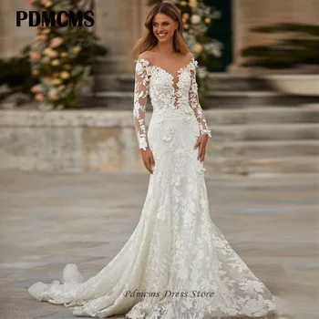 PDMCMS hüvely sellő esküvői ruhák csipke hosszú ujjú v nyak hercegnő estélyi ruha menyasszonyi ruhák vonattal Vestidos de Novia (