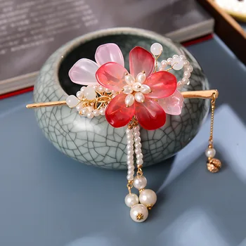 Pearl Tassel hajrúd szett virágos hajtűvel Kínai stílusú Hanfu ruházat evőpálcikák Hajformázó hajkiegészítők EIG88