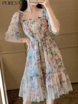 PEIRESA 2023 nyár Új virágmintás ruha női hálós patchwork fodrok Szögletes gallér félujjú térdig érő ruhák Vestidos