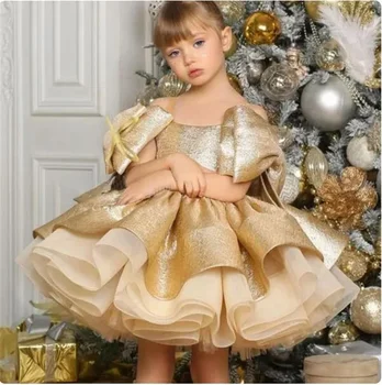 Puffadt arany szatén virág lány ruhák térdig érő csillogó esküvői parti ruha íj kisgyermek baba születésnapi szépségverseny balett tutu ruha