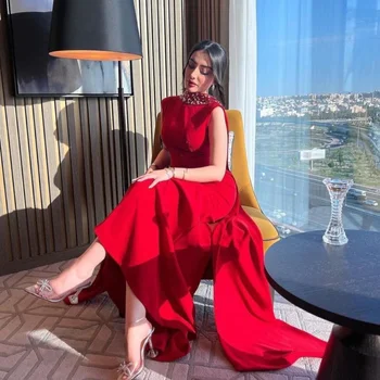 Red Lady báli ruhák 2023 Modern hát nélküli gyöngyök Földig érő Szaúd-Arábia hivatalos alkalom Egyszerű estélyi ruhák Vestidos de