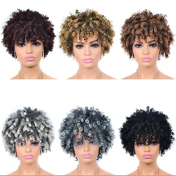 Rövid afro perverz göndör parókák frufruval fekete nők számára szintetikus Ombre természetes hőálló haj barna cosplay kiemelés parókák