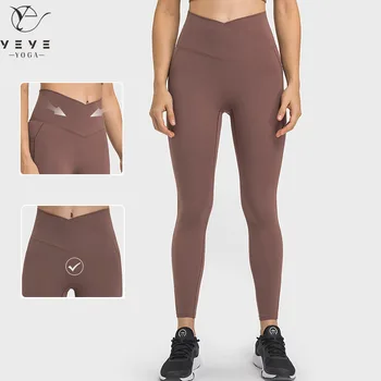 Sexy V Cut Sport Fitness edzés leggings női derék kereszt derék tornaharisnya jóga nadrág zsebes aktív ruházattal