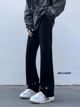 Streetwear férfi rugalmas derék széles szárú táskás farmer koreai divat Új őszi Oversize farmer férfi húzózsinóros design nadrág Z14