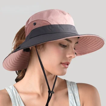 Sun UV Protection Sap nőknek, Large Wide Brim Bob Hat láncszíjjal, szabadtéri horgászat és túrázás, UPF 50+, nyár
