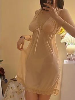 Szexi Egyszínű édes színű csipke hálós hevederes hálóinges hálóruha házi ruhák Mini ruha átlátszó forró szexi Korena női felsők 2023 CNY0