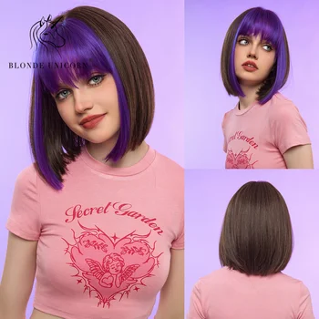 Szőke Egyszarvú lila fekete egyenes szintetikus bob paróka nőknek napi party cosplay Lolita hőálló szálas haj