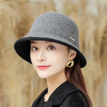 Téli meleg kalap női divat egyszínű gyapjú kalap vödör sapka Halász kalap retro gyapjú medence kalap őszi sapka ingyenes szállítás