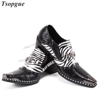 Vegyes színű zebra mintás fém lábujjszegecs dekoráció férfi Chelsea szivattyúk férfi cipő slip-on kifutópálya alkalmi party cipő Zapatillas Mujer