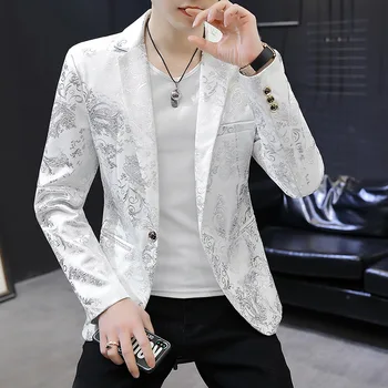 Új férfi nyomtatás Blazer Koreai trend divat alkalmi vékony öltönykabát Fekete fehér divat Single Top Coat Party dátum ingázás
