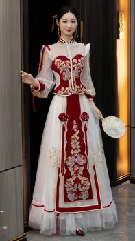 Új hímzés Aranyhal Menyasszonyi jelmez pirítós ruházat Elegáns esküvői ruha Vintage hagyományos kínai nők házassági szett
