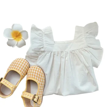 Új nyári ruha kislánynak szögletes gallér fodros ujjú egyszínű mellény A-vonalú hercegnő ruha gyermek ruházat