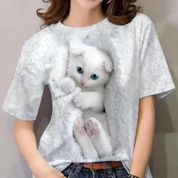 Új női póló nyári női aranyos macska nyomtatás 3D nyomtatás Crewneck póló Kawaii laza rövid ujjú
