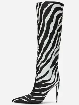 Új érkezés Kézzel készített szexi téli divat női hosszú combú magas csizma Zebra nyomtatás vékony sarkú nők térd felett csizma estélyi cipő