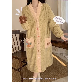 Őszi téli női köntös vastagabb édes flanel pizsama hosszú ujjú V-nyakú aranyos hálóruha hálóruha fürdőköpeny nőnek