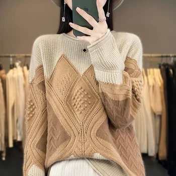 Őszi és téli 100% gyapjú pulóver Női divat Üreges kihúzott hullámos kötött pulóver laza kerek nyakú színes blokk pulóver