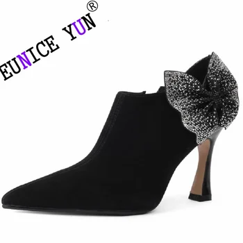 【EUNICE YUN】Új márka Valódi bőr Party cipők Elegáns női cipzáras hegyes orrú szivattyúk Pillangó csomó Vékony magas sarkú cipő